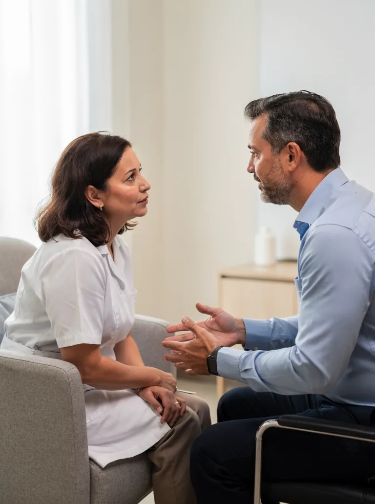An approachable adult woman clinician and an adult male patient shown from the side or back having an attentive, respectful consultation conversation