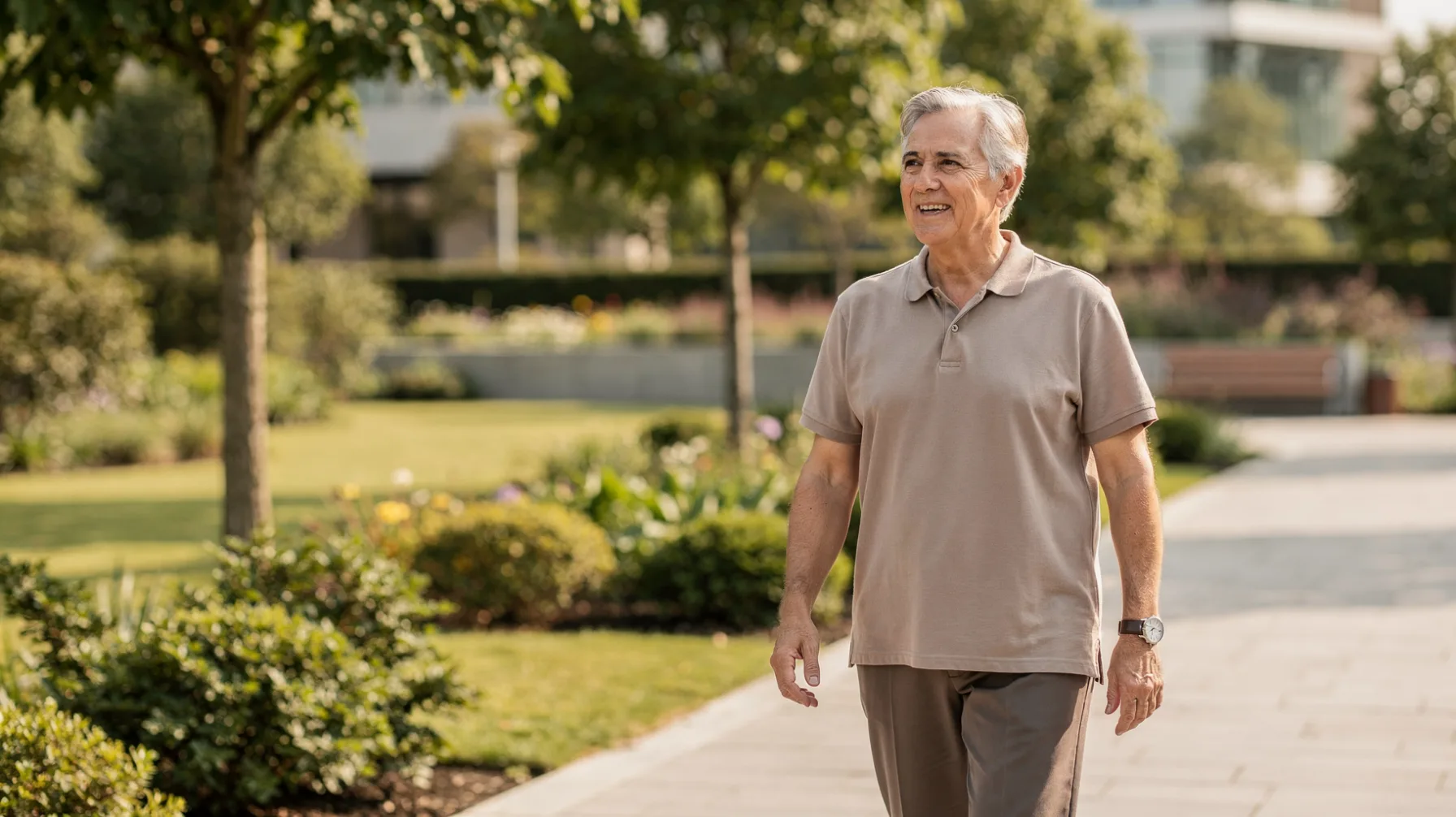 One self-assured adult in polished warm-weather smart-casual clothing moving naturally through an open city setting with calm personal confidence