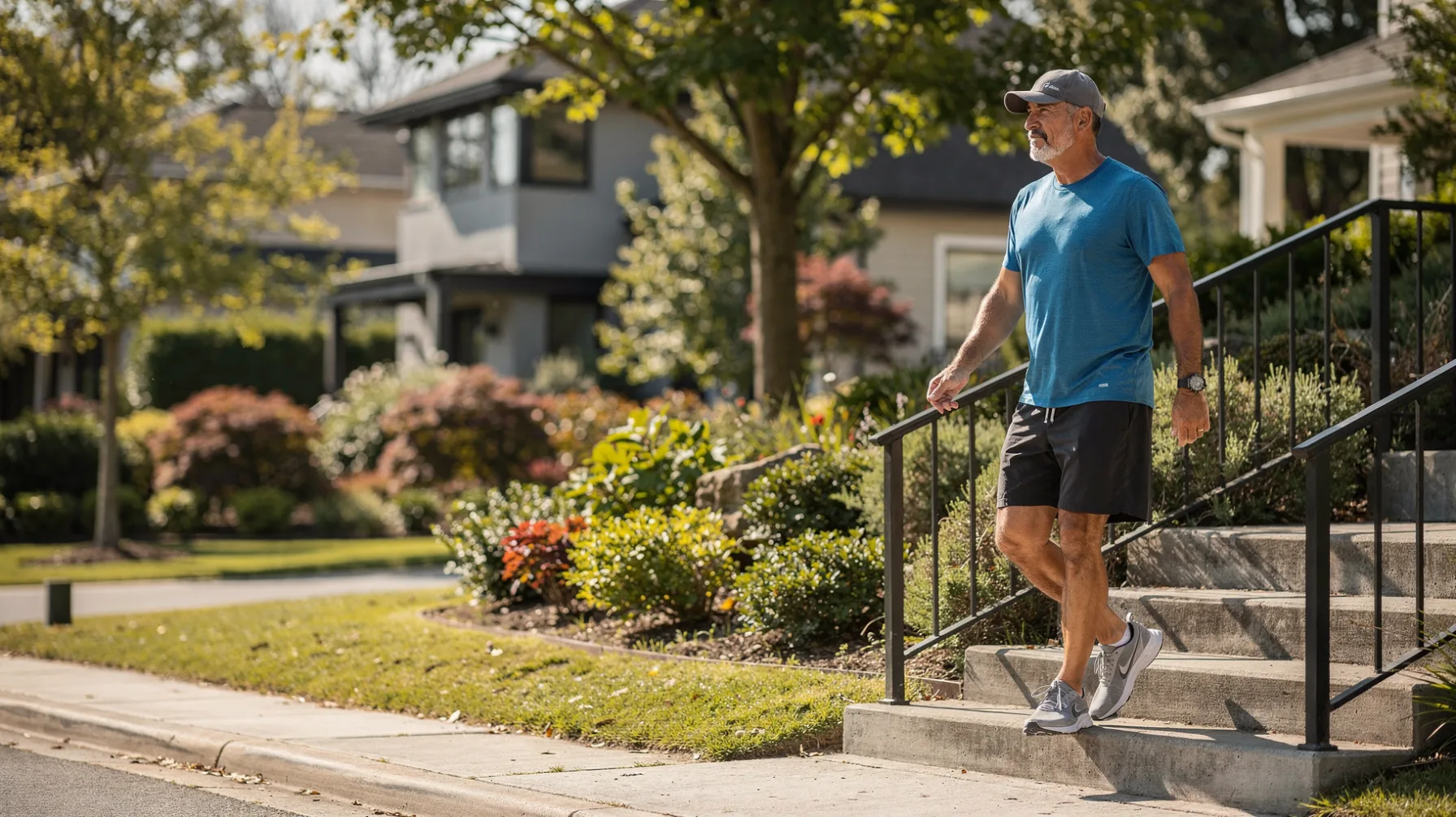 One active adult in simple well-fitted recreational clothing finishing an easy outdoor walk, warm-up, or low-intensity recreational movement without competitive-performance cues